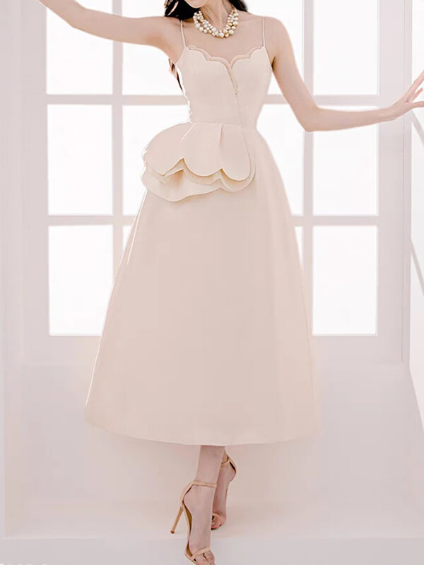 女性のハイウエストドレス,新しいファッション,分割された正弦波エッジ,apricotベルベット,エレガントなイブニングドレス,春,2022,13db4290