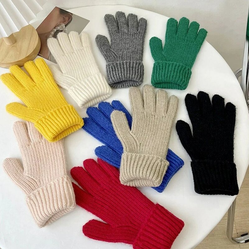 Guantes de lana de punto Ins de Color sólido, manoplas sencillas de estilo coreano para pantalla táctil con dedos cálidos que contienen Lana, Otoño e Invierno
