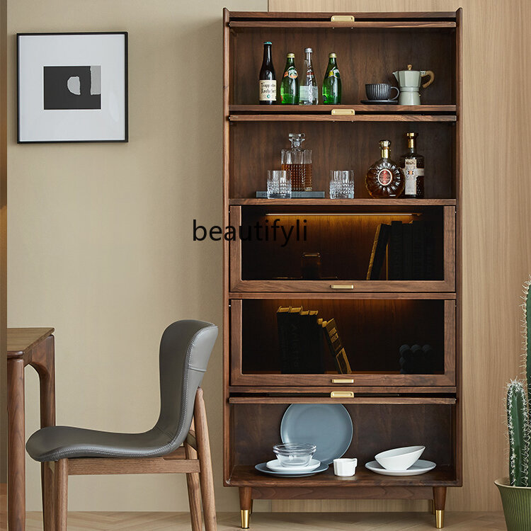 Nordic-Style Solid Wood Bookcase Wine Cabinet with Glass Door Living Room Japanese-Style Display Wall-Mounted Storage Cabinet
