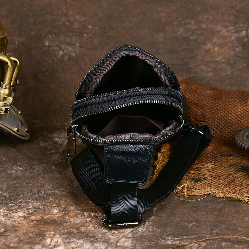 Tas dada ritsleting ganda kulit sapi asli untuk pria tas kurir sederhana dan serbaguna tas ponsel pria T222