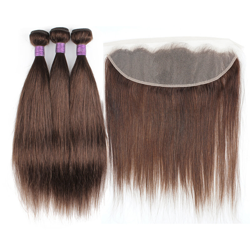 Extensiones de cabello humano indio Remy liso, 3 mechones de 220g con Frontal/lote, Color n. ° 2, 13x4, encaje Frontal transparente