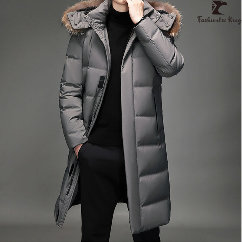 Moda męska zimowa długi płaszcz futro z kapturem wiatroszczelna ciepła gruba kurtka