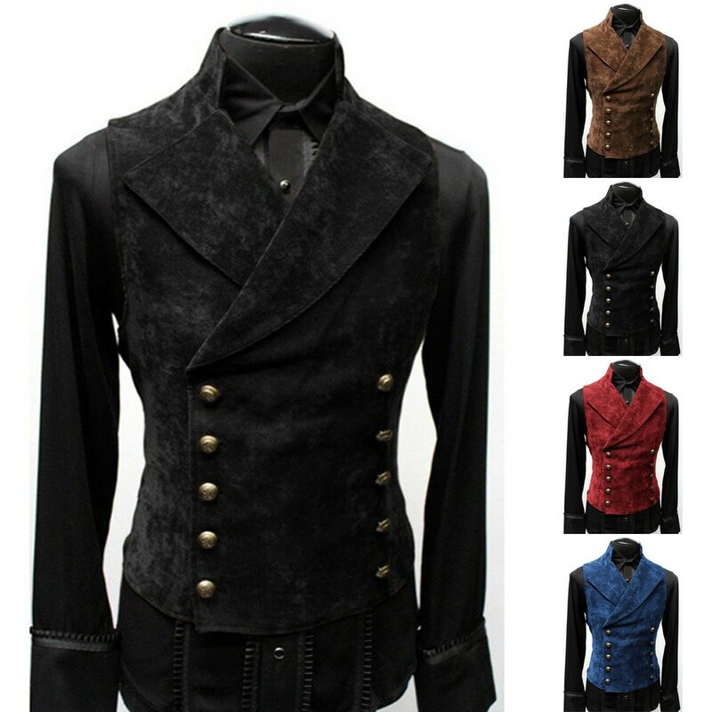 Victorian Style Double Breasted Waistcoat, Gothic Medieval Vest, Cosplay Costume for Men, Polyester, Size M 2XL