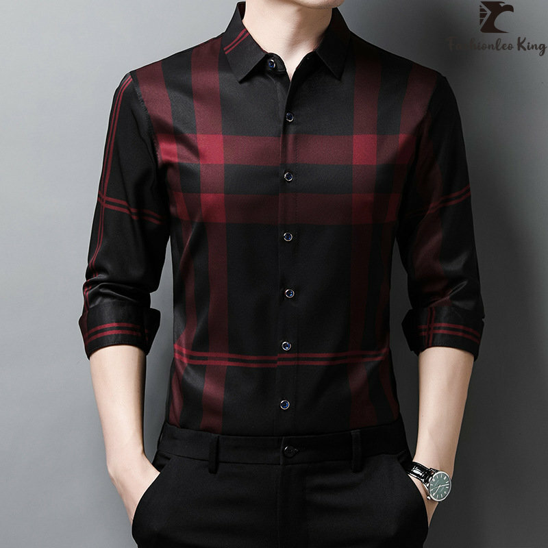 Camisa xadrez de manga longa xadrez masculina, camisas casuais confortáveis, tops listrados respiráveis