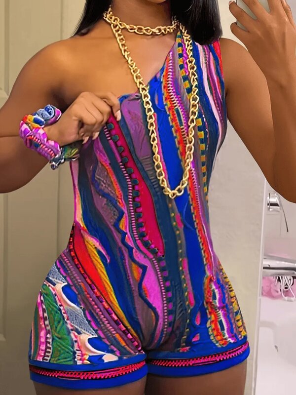 LW One Shoulder Tribal Mixed Print Romper summer sleeveless sexy shorts jumpsuit Multicolor Bodysuits one pieces jumpsuit