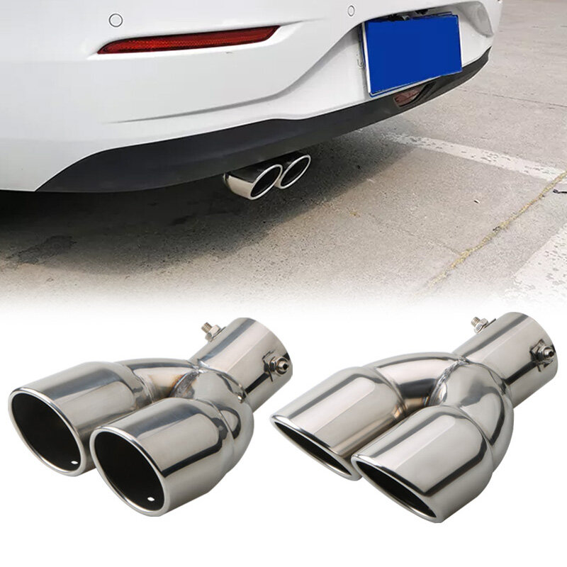 Car Exhaust Pipe Universal Double Outlet Car Muffler Tip Stainless Steel Chrome Silver Rear Muffler Tip Tail Throat