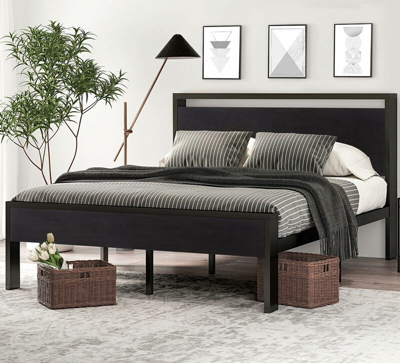 14 "แพลตฟอร์มโลหะขนาดใหญ่กรอบเตียง, หัวเตียงไม้และที่วางเท้า, ฐานที่นอนขนาดใหญ่ใต้ตู้เก็บของข้างเตียงกันลื่น, ไม้โอ๊คสีดำ