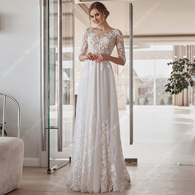 Elegante renda mangas compridas vestidos de casamento para mulheres, vestidos de noiva sexy chiffon comprimento esfregando, vestes de impressão, 2024