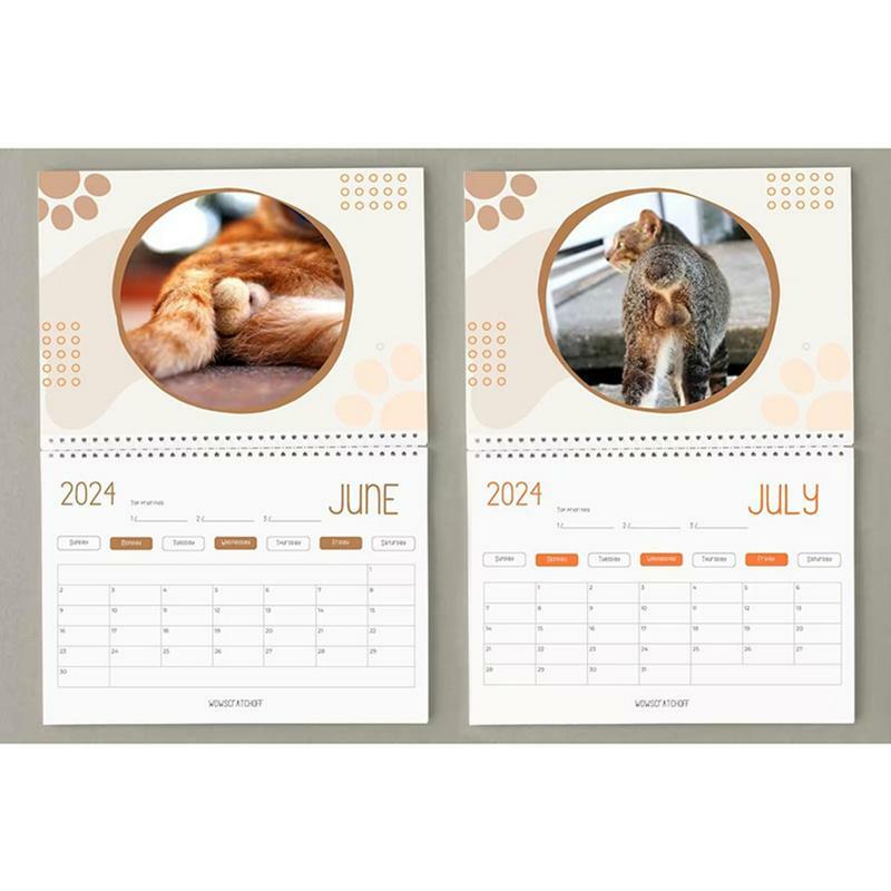 2024 kalender dinding bokong kucing lucu pola indah halaman penuh bulan tebal kokoh kertas kucing Butthole perencana kalender