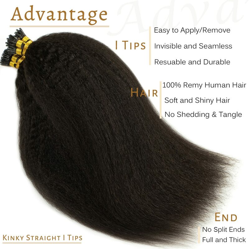 Kinky Straight KerBrian Capsules, KtVirgin Hair, I Tip, Cheveux humains, Micro Loop Ring, 12-30 "Kinky Straight Hair