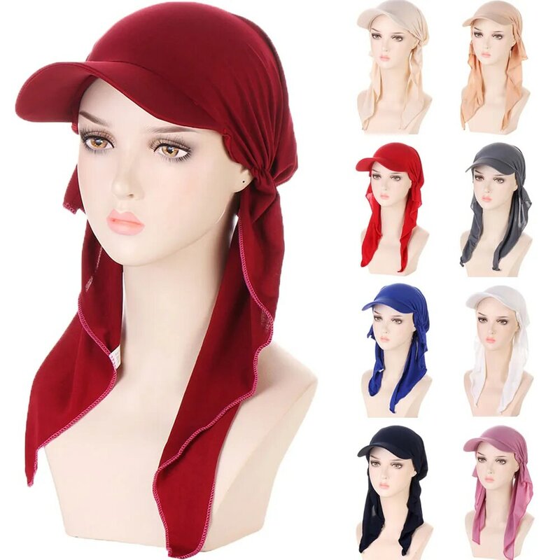 Women Solid Color Turban Hat Fashion Muslim Hijab Scarf Cap Soft Headscarf Baseball Cap Outdoor Brim Sunshade Anti-UV Hats Gifts