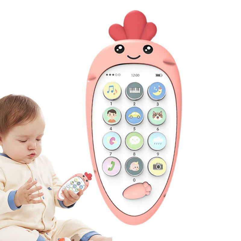 Mainan gigitan bayi, mainan anak-anak, belajar musik dengan suara, mainan dwibahasa interaktif, Mainan Gigit, berbentuk telepon wortel