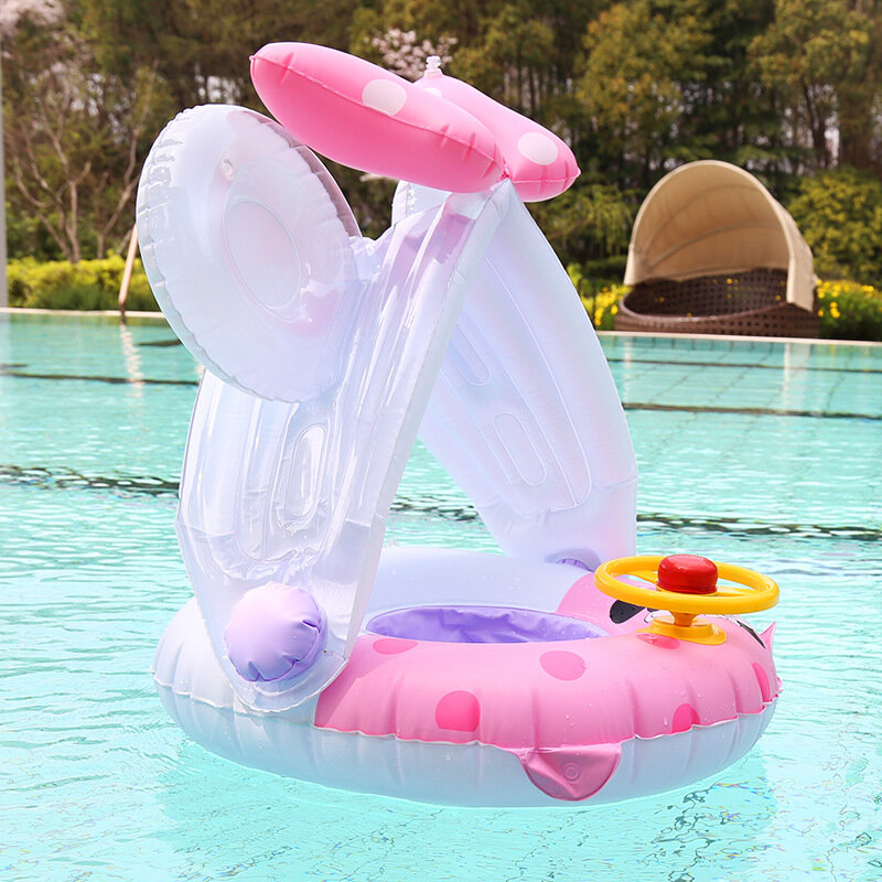 Boya flotante de anillo de natación para bebé, balsa inflable, toldo de verano de dibujos animados, juguete de dirección de piscina con ruedas de 1-4 años, natación asistida