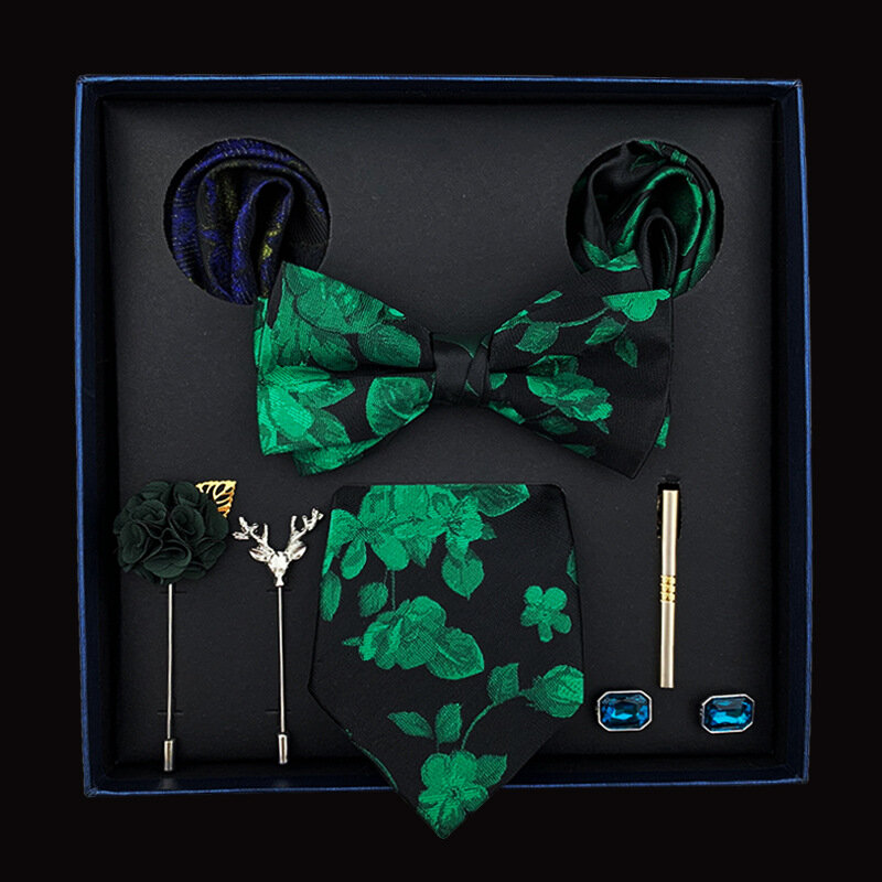 Set da 8 pezzi di alta qualità cravatta da uomo cravatte di lusso + papillon + tasca quadrata + spilla + gemelli + Set di fermacravatta con confezione regalo
