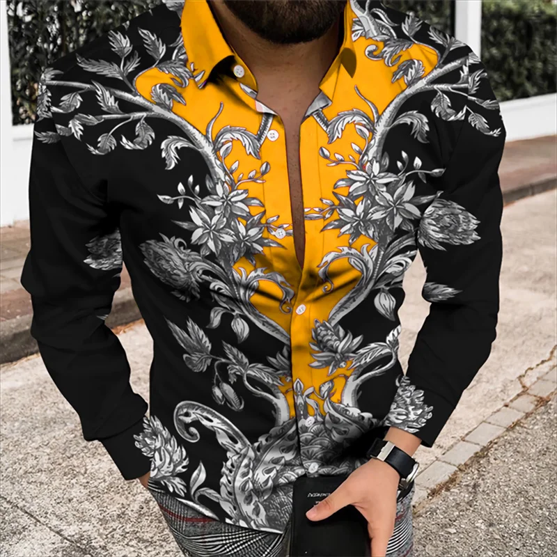 2024 Koszula męska Kwiatowy wzór Koszula z nadrukiem 3D Klapa Długi rękaw Kostium Prom Party Sukienka 11 kolorów Projektant Casual S-6XL﻿