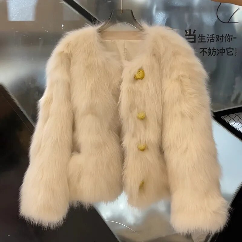 Płaszcz ze sztucznego futra kobiet jesień zima 2022 nowy wysokiej klasy moda pluszowa imitacja futra lisa kurtka krótki luźny, gruby codzienna odzież wierzchnia