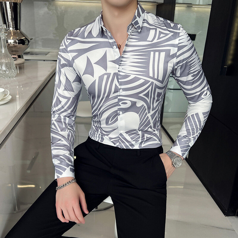 용수철 남성 빈티지 프린트 소셜 화이트 셔츠, 슬림핏 긴팔 원피스 스트라이프 셔츠, 럭셔리 캐주얼 패션