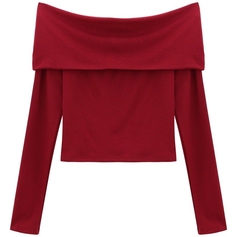 Pullover merah Vintage wanita, kerah Slash ramping lengan panjang pendek dasar seksi lipit baru panas Chic Ulzzang Streetwear All-match Mujer