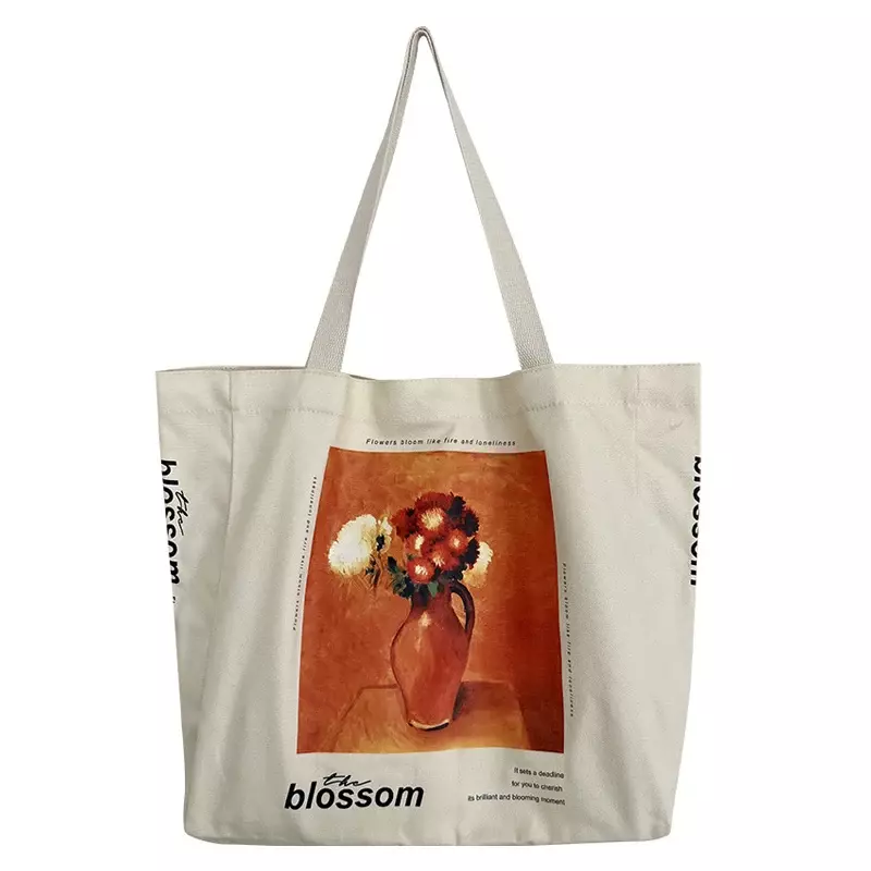 Tas belanja kanvas wanita tas bahu kain katun wanita lukisan minyak mekar tas tangan buku ramah lingkungan Tote besar untuk pembelanja
