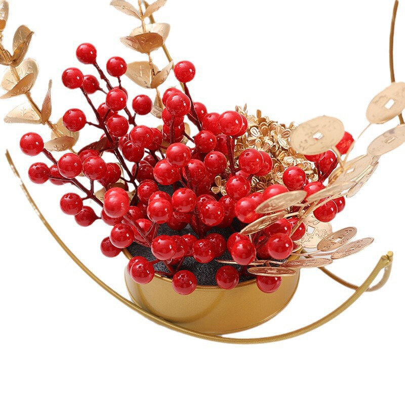 Set buah kaya Tahun Baru Festival Musim Semi Cina ditempatkan kipas emas daun buah merah Tahun Baru bunga malam Bucket Fu