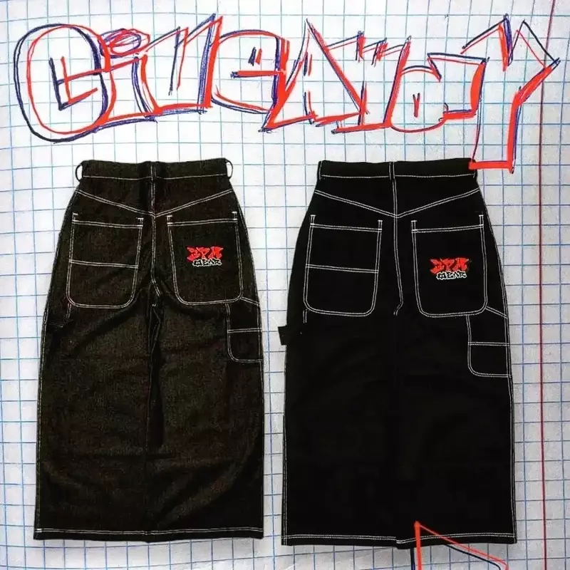 Джинсы Y2K в стиле ретро, брюки-багги в стиле хип-хоп с карманами, вышитыми надписями, мужские и женские уличные брюки с завышенной талией в стиле Харадзюку