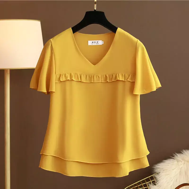 Ponadgabarytowa luźna krótka rękaw szyfonowa bluzka damska bluza z wycięciem w serek 2022 lato jadalne drzewo grzyb topy Casual Fashion Women Shirt