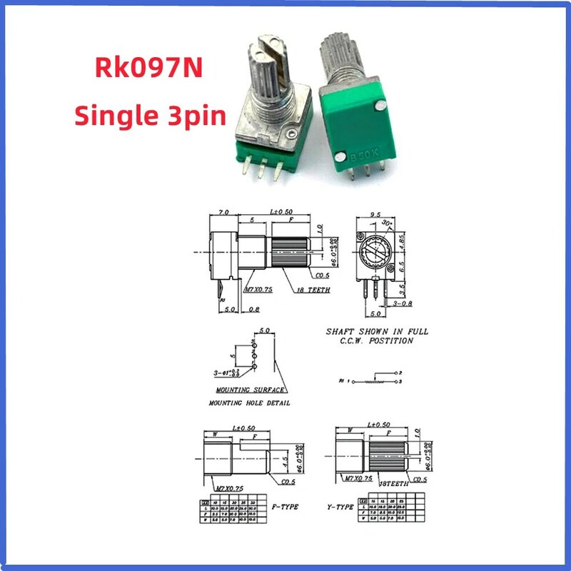 5PCS/Lot RK097N 3PIN RK097NS 5pin RK097G 6-pin single and double potentiometer B1K 5K/10K/20K/50K/100K 500K length 15MM