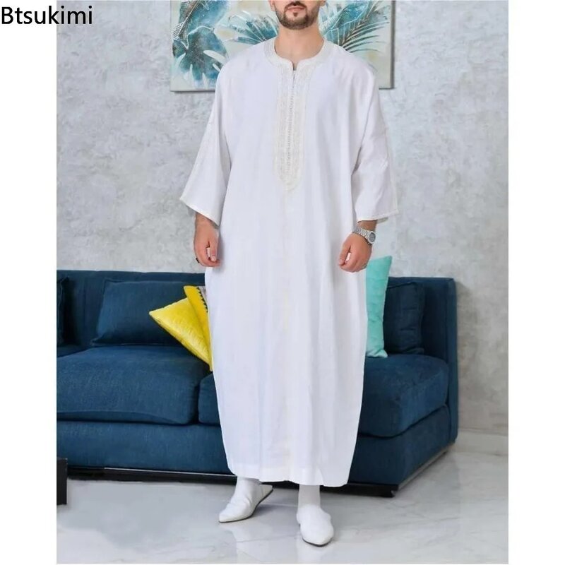 男性用の白いイスラム教徒のドレス,プリントされたアバヤ,アラビアの服,カフタン,新しいコレクション2024