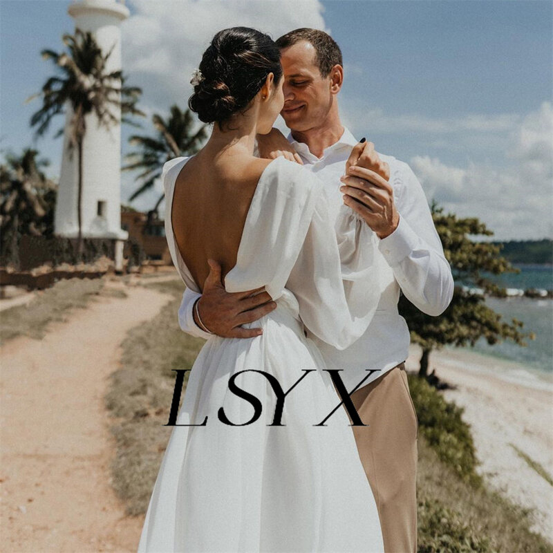 LSYX semplice o-collo maniche lunghe a sbuffo a-line pieghe abito da sposa in Chiffon aperto indietro corte treno abito da sposa su misura