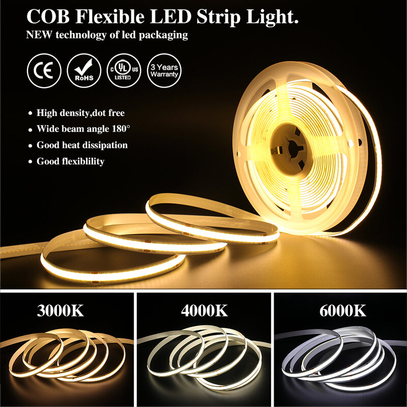 Fita flexível COB LED Light Strip, corda de fita, alta densidade, branco, rosa, amarelo, gelo, azul, vermelho, verde, DC 12V, 24V, 320Leds por m, RA90