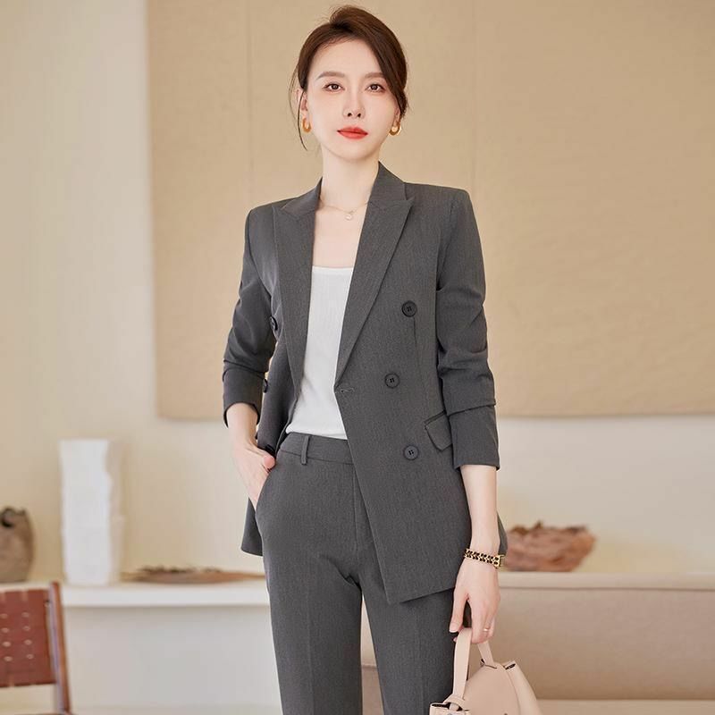 Gracefu-Conjunto de dos piezas para mujer, chaqueta y pantalones de oficina, traje negro con doble botón, ropa de trabajo, primavera y otoño