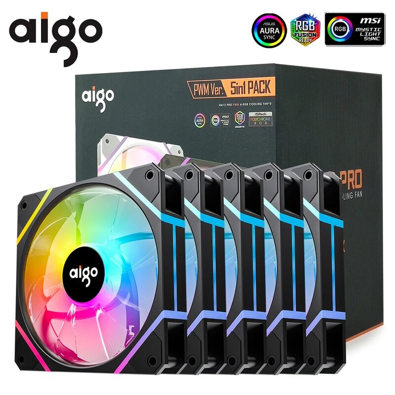 Aigo-am12pro rgb fã kit, 120mm, caixa do computador, refrigerador de água, 4pin, pwm, cpu, 3pin5v argb, 12cm
