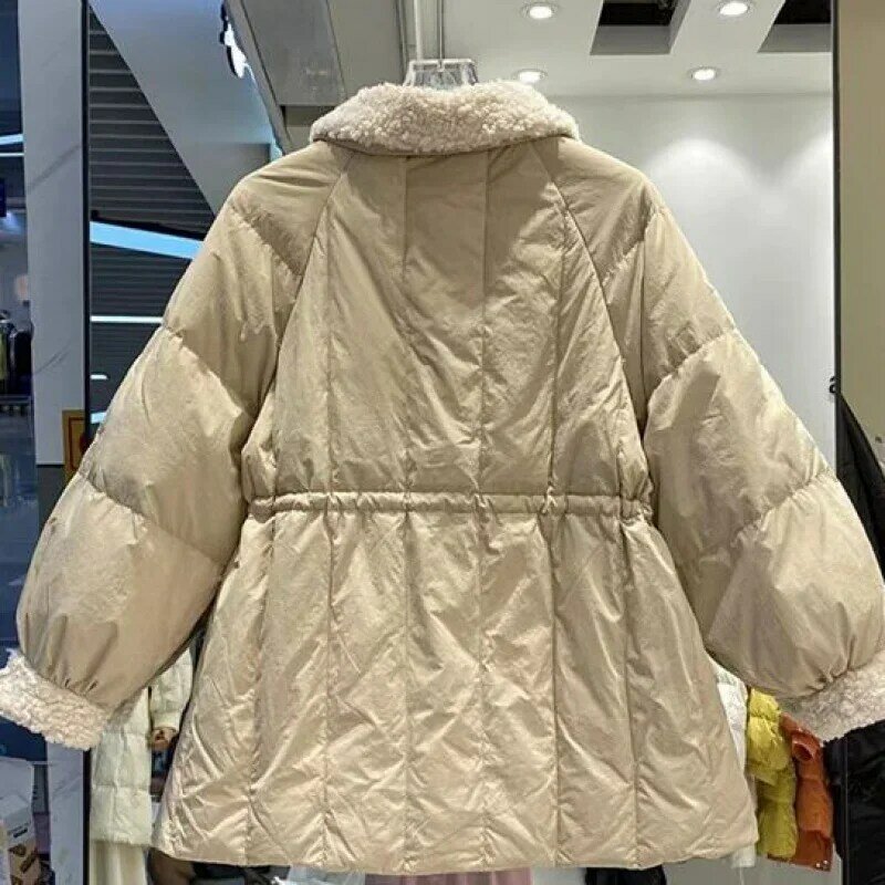 2023 New Winter Korean Style Warm Stitching Lamb Wool White Duck down Jacket Female Winter Small Man Waist Trimming Coat