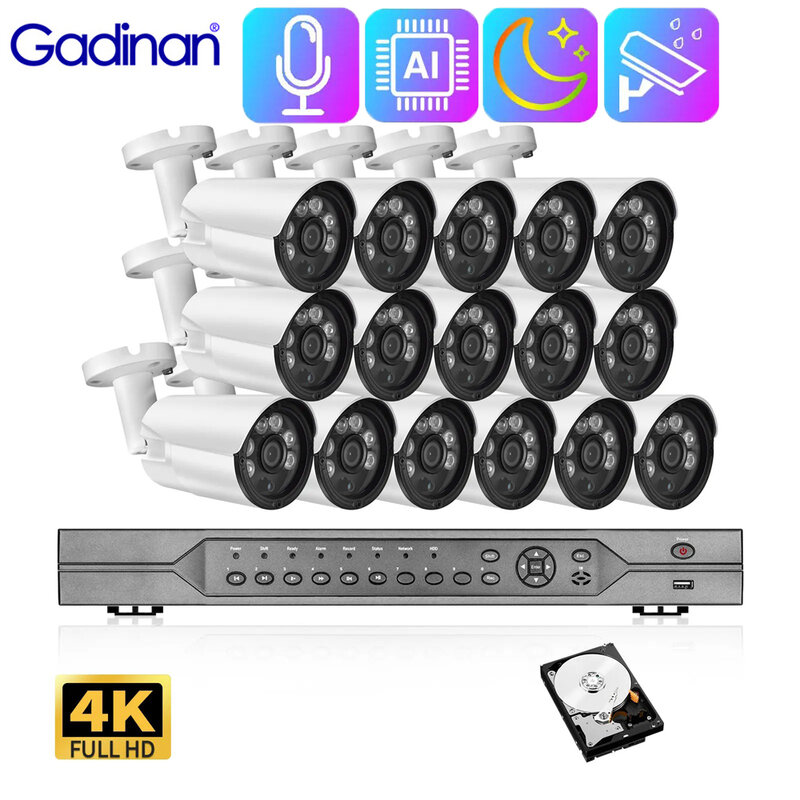Gadinan-16CH 8MP HD CCTV 시스템 720, 1080P POE NVR 야외 컬러 야간 투시경 IP 카메라, 5 인 1 비디오 레코더 감시 키트