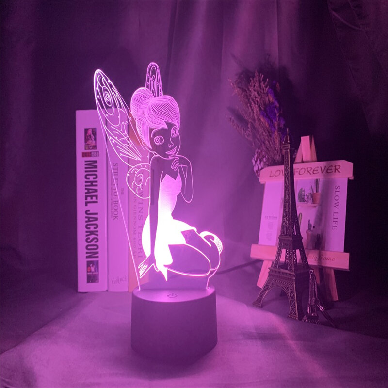 Figura de hada Tinkerbell 3D luz Visual LED luz nocturna princesa Tinker Bell decoración del hogar lámpara de mesa de ilusión que cambia de Color