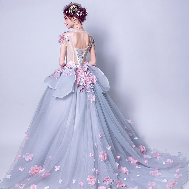 Szary Quinceanera suknie 2022 słodkie 15 suknie na bal maturalny 2 w 1 księżniczka Party Ball suknia 3D różowy kwiat Organza przezroczysta szyja