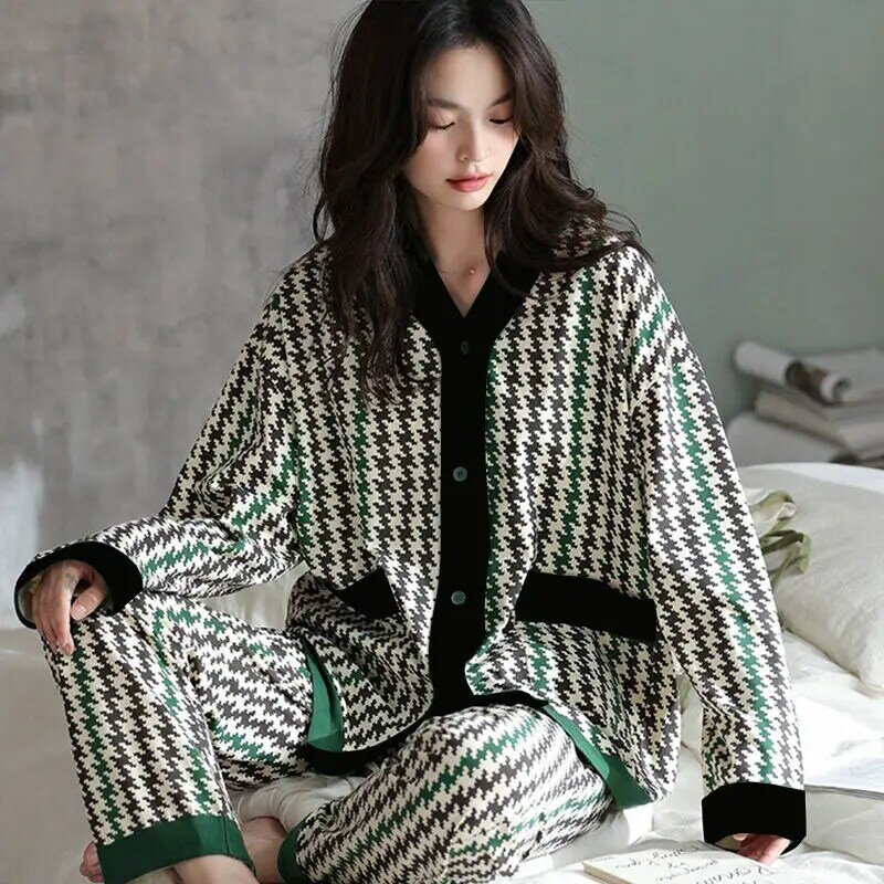 Setelan piyama wanita, Set baju tidur wanita tekstur kotak-kotak ribu burung gaya Korea lengan panjang musim semi dan jatuh elegan