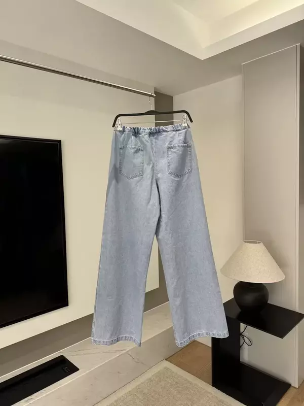 2024 nuova moda donna tasca laterale decorazione sciolto Jogging gamba larga Jeans retrò elastico in vita con coulisse pantaloni in denim Mujer