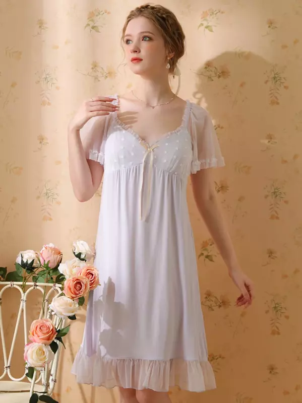 Damska seksowna koszula nocna Vintage księżniczka z krótkim rękawem słodkie dziewczyny piżama z odkrytymi plecami modalna siatka wróżka bielizna nocna wiktoriańskie koszule nocne