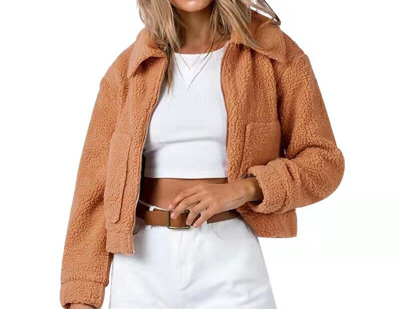 Abrigo de manga larga con solapa de Cachemira Lisa para mujer, chaqueta con cremallera, bolsillo corto, informal, urbano, otoño