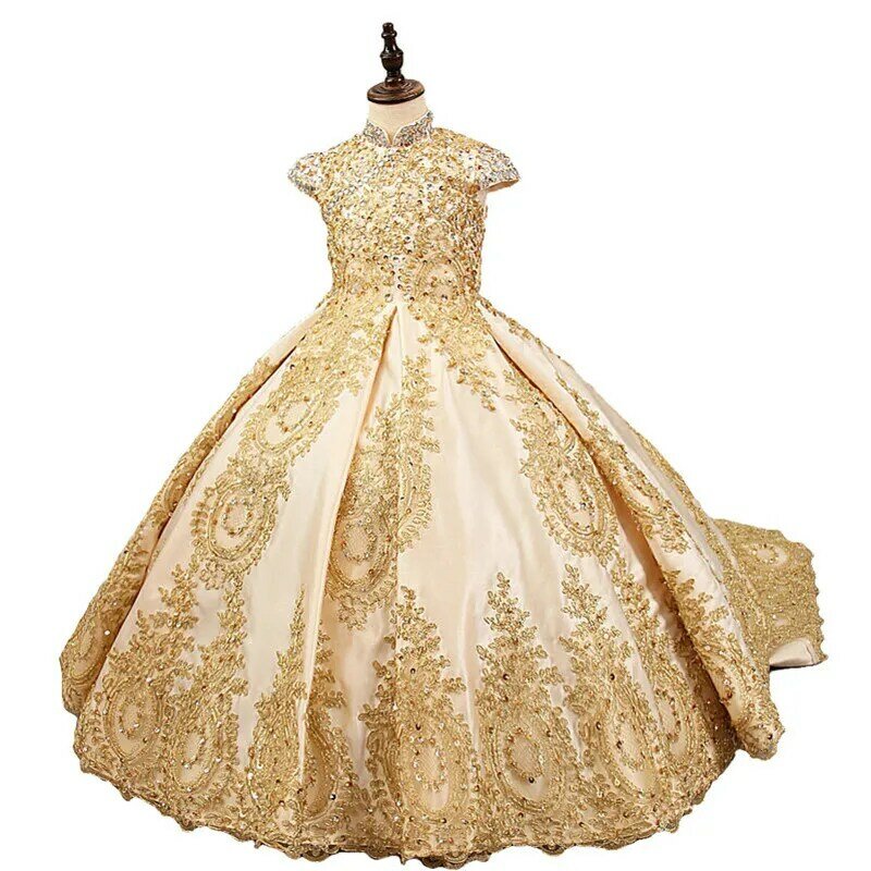 Złote tkanina w kwiaty sukienki dla dziewczynek na ślub długie suknia na konkurs piękności koronkowe aplikacje bez rękawów komunia święta sukienki dla dzieci