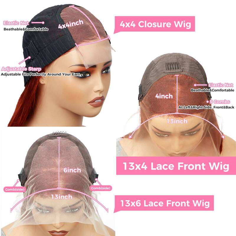 Perruque Lace Front Wig naturelle lisse, brun roux, Sophia, 4x4, 13x4, 13x6, pre-plucked, avec closure, HD