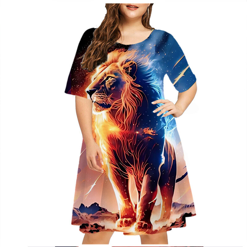 Vestido de verano de manga corta con estampado de León para mujer, ropa informal holgada con cuello redondo, talla grande, 2023