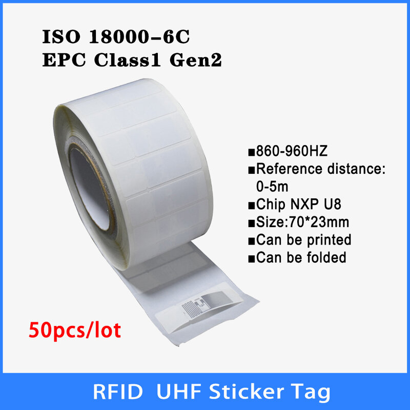 50 Buah UHF RFID Tag 18000-6C 860-960MHz RFID UHF Stiker Label Tag Naomi U8 Chip Elektronik Label 915 MHz Kualitas Tinggi Pintar Tag