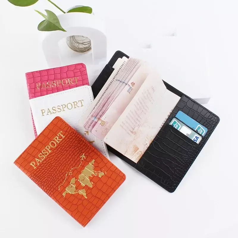 Sarung paspor pria dan wanita, dompet paspor pola peta huruf buaya untuk pemegang kartu kredit ID dan wanita