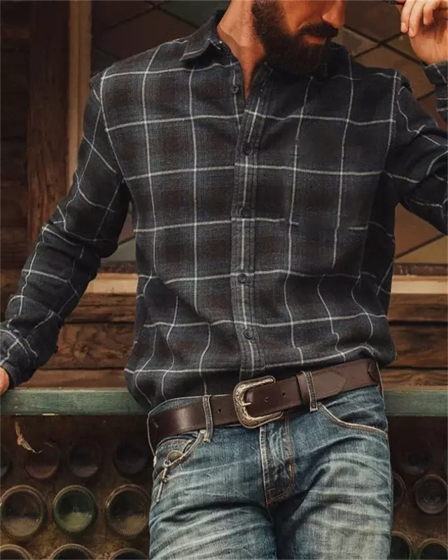 2024 New Western denim men's shirt button-down lapel High quality casual long sleeve shirt oversized 6XL