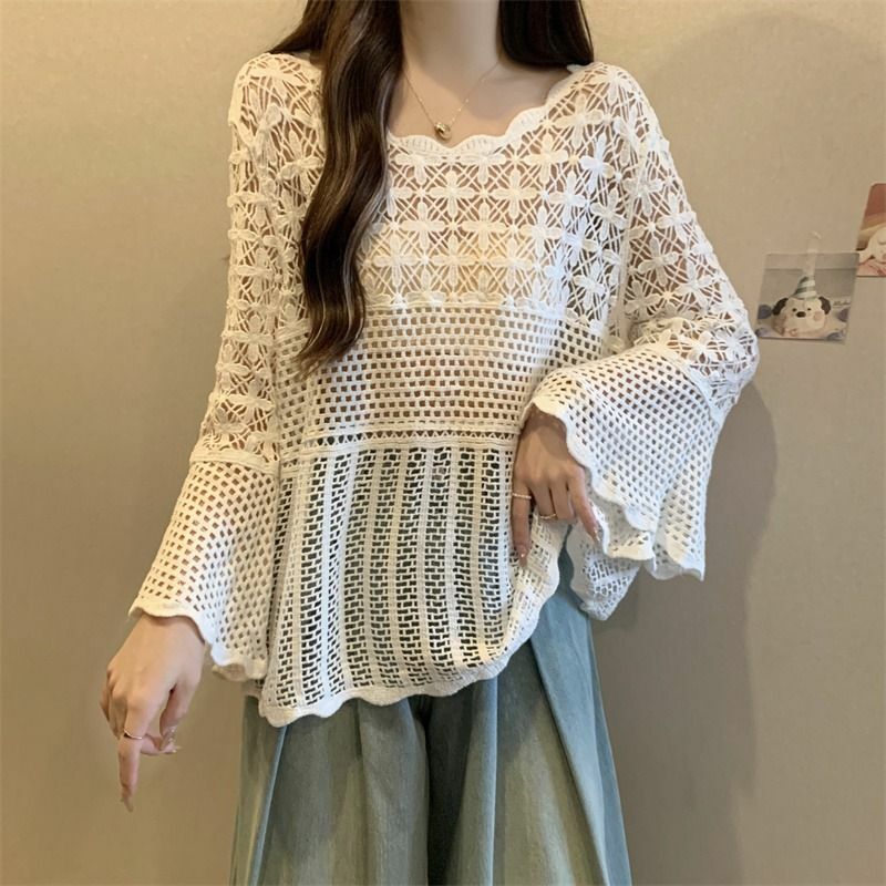 Women's New Autumn Pullovers Female V-Neck Solid Color Hollow Out Fashion Casual Loose Long Sleeve Knitted Sweaters Tops Q312