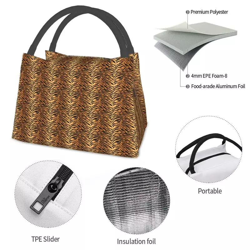 タイガーストライプのアニマルプリントのランチバッグ,ランチボックス,旅行用,面白いグラフィックデザインのサーマルハンドバッグ