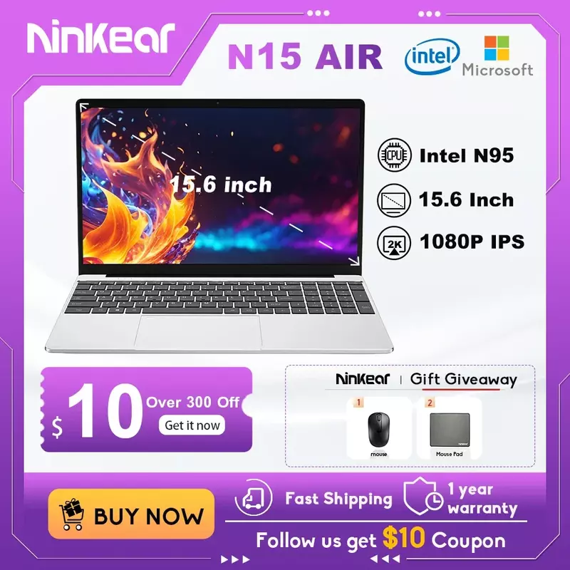 Ordinateur portable Ninkear N15 AIR, 15,6 "IPS 1080P IPS, Intel Celeron N95 3.4 mesurz, 12 Go de RAM, 512 Go SSD, Gaming Office, Windows 11 Notebook