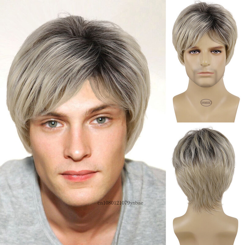 Mens Natural Synthetic Hair Mix Blonde Wigs Short Layered Dark Root Wig with Bangs for Male Heat Resistant Cosplay Daily Costume